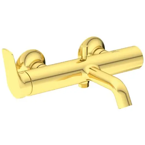 Wandmontierte Badearmatur in glänzendem Goldfinish von Ideal Standard, mit zwei Griffen und einem waagrechten Auslauf.